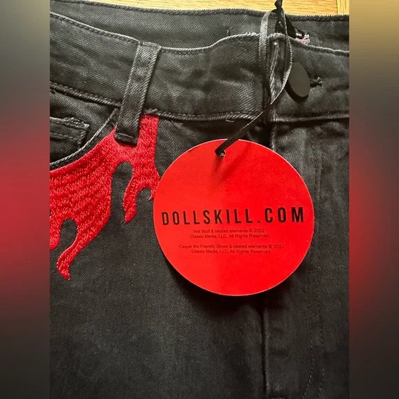 Dolls Kill Black and Red Flame Boot Cut Jeans - Picture 5 of 9